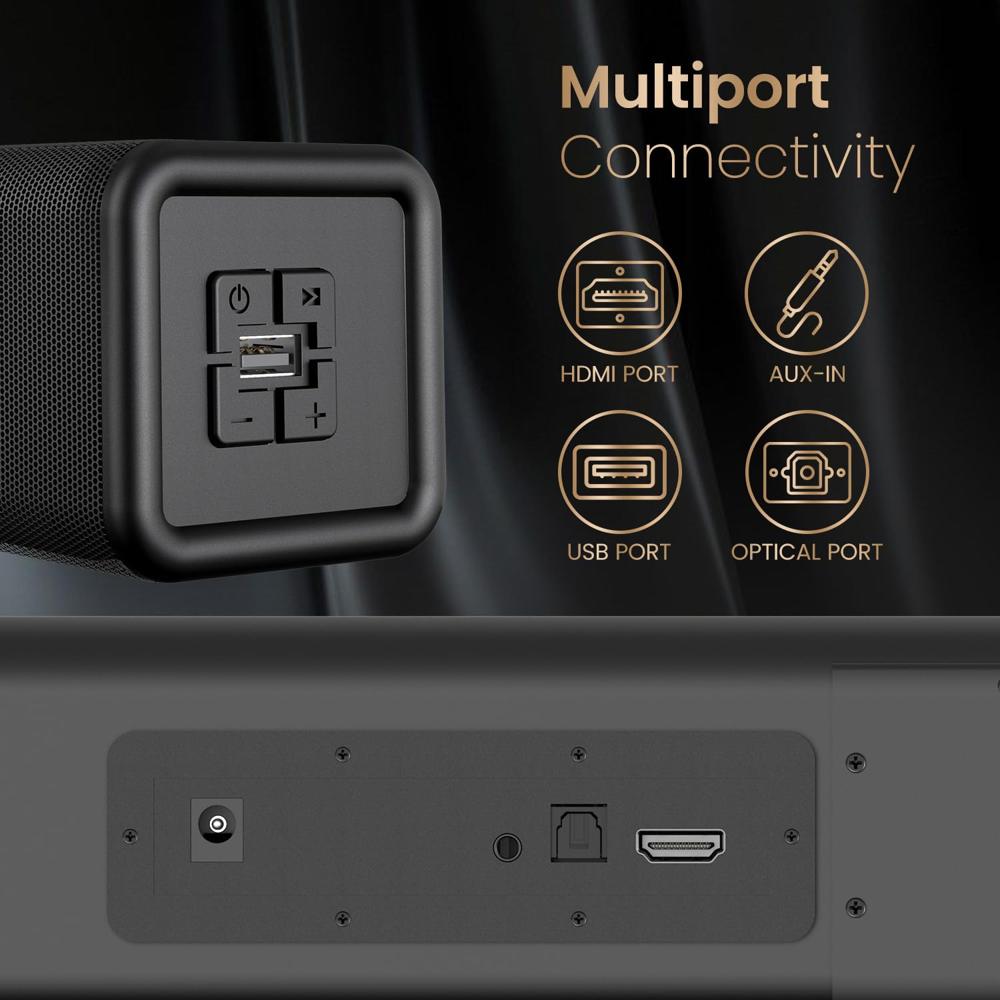 Portronics Pure Sound 107 | 200W Soundbar with Subwoofer for Deep Bass, 2.1 Channel Home Theatre, 3D Surround Sound, HD Sound, 3 EQ Modes, Bluetooth