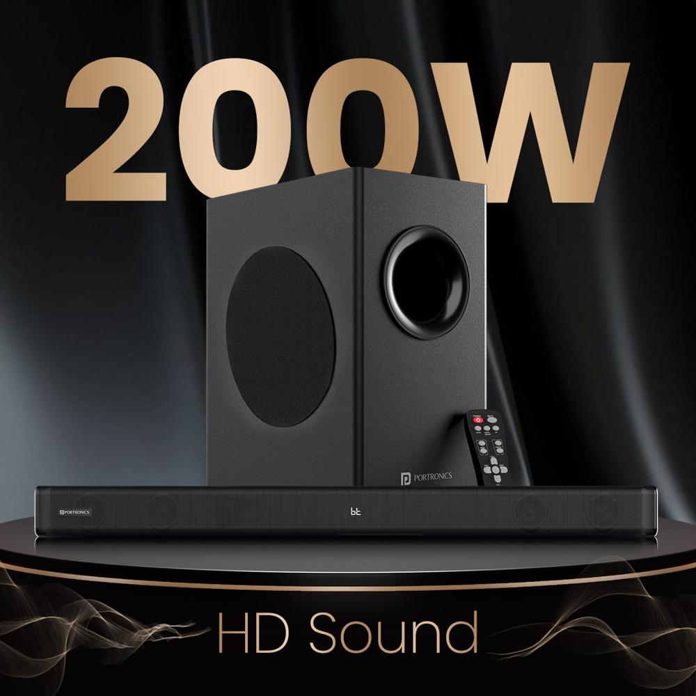 Portronics Pure Sound 107 | 200W Soundbar with Subwoofer for Deep Bass, 2.1 Channel Home Theatre, 3D Surround Sound, HD Sound, 3 EQ Modes, Bluetooth