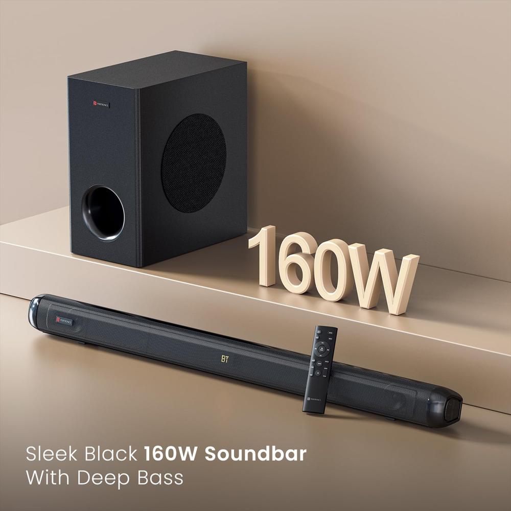 Portronics Pure Sound 108 160W Bluetooth Soundbar with Deep Bass, 6.5 Inch Subwoofer, 2.1 Channel Home Theatre, 3 EQ