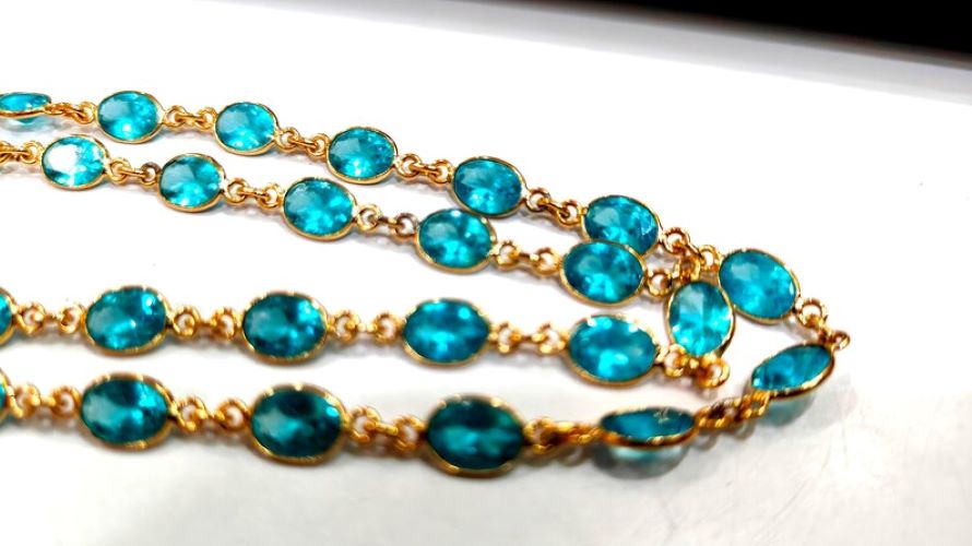 Blue Topaz Cubic Zirconia Briolette Oval Shape 6x8mm Bezel Gold Handmade