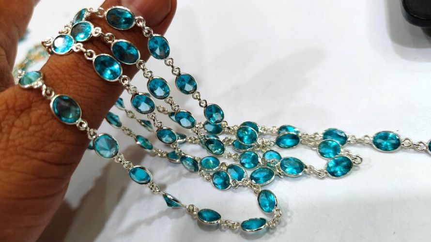 Blue Topaz Cubic Zirconia Briolette Oval Shape 6x8mm Bezel Gold Handmade