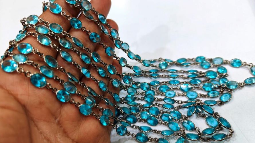 Blue Topaz Cubic Zirconia Briolette Oval Shape 6x8mm Bezel Gold Handmade