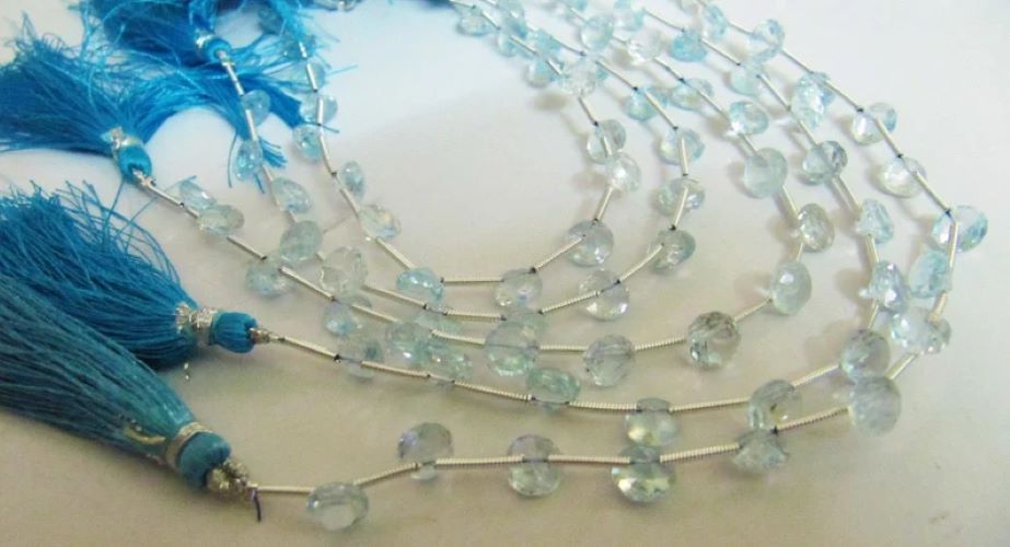 Natural Genuine Blue Topaz Onion Shape Faceted Sky BT 6-7mm Untreated Beads Strand 8 Inches long