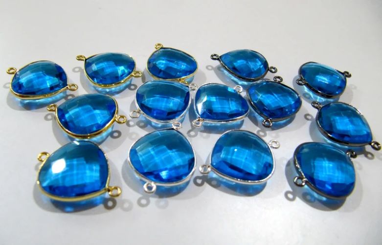 Blue Topaz Quartz Briolette Faceted Heart Shape 16mm Double Loop Bezel Connectors