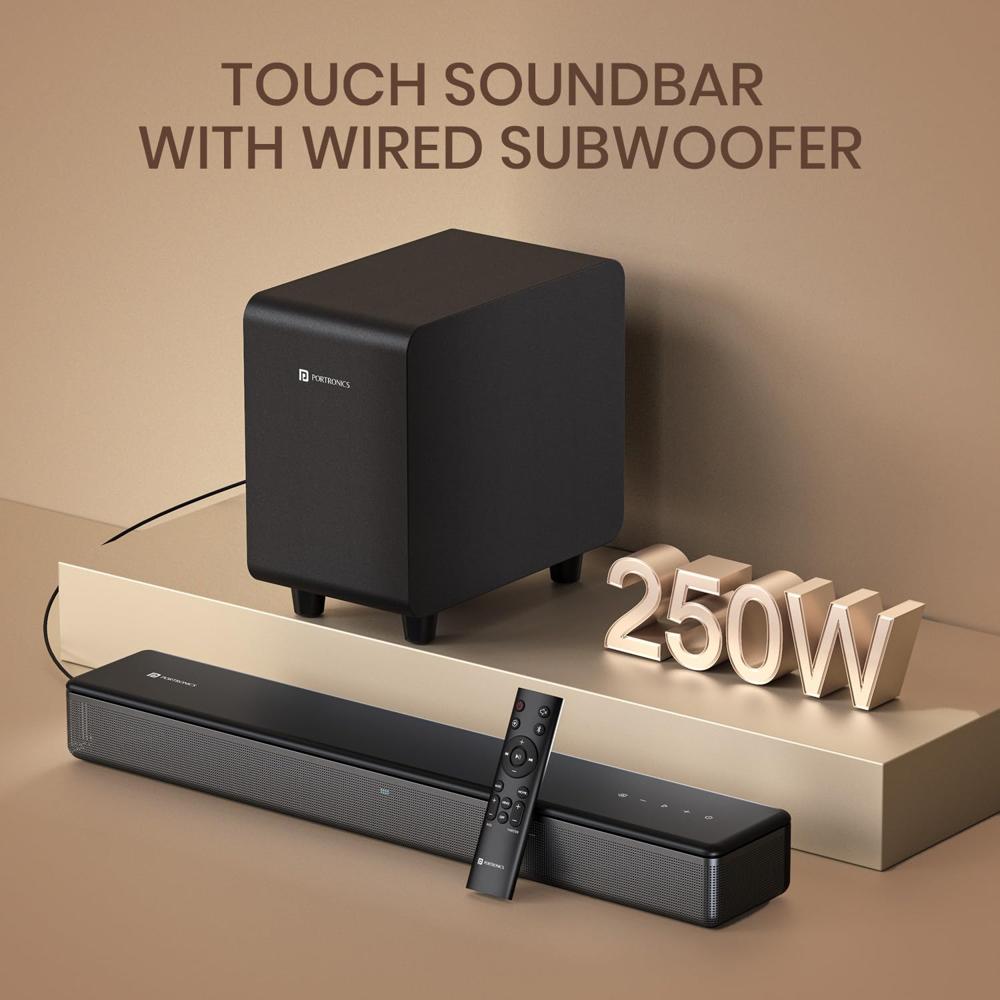 Portronics Sound Slick X 250W Bluetooth Soundbar with Wired Subwoofer for Deep Bass,2.1 Channel Ho