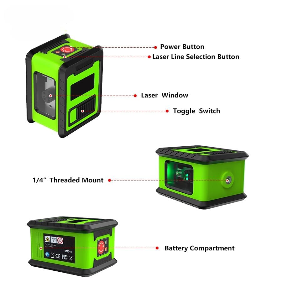 True Sense Green Beams 2 Cross Lines Battery Powered Self Leveling Laser Level, LL-03