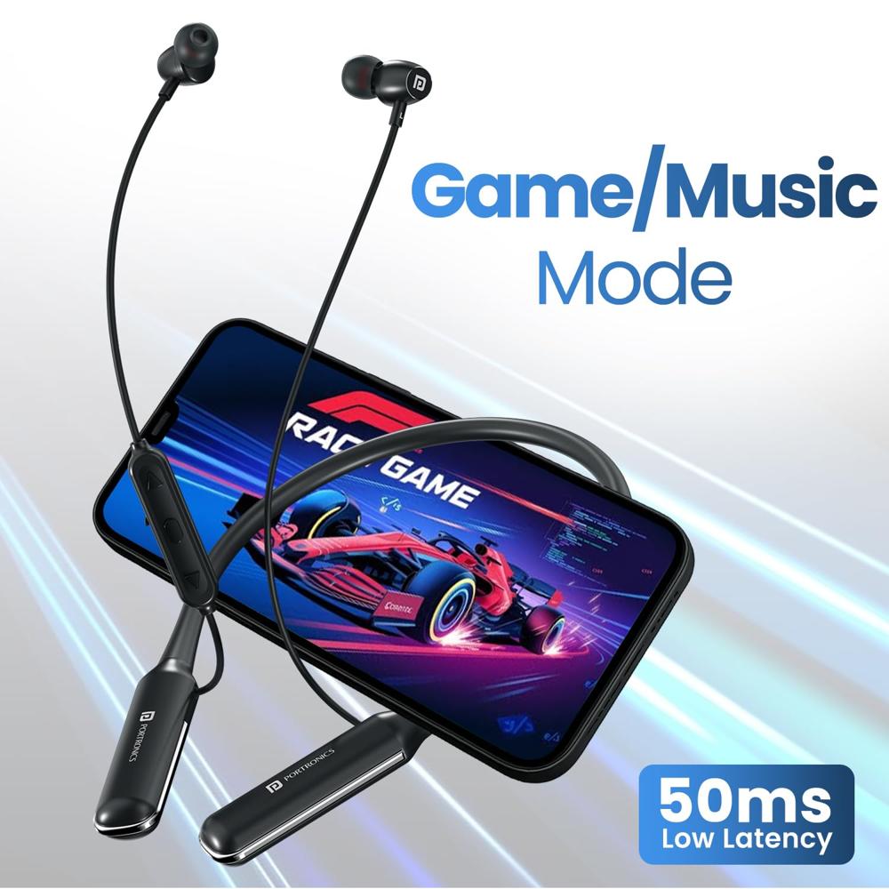 Portronics Harmonics Y4 in Ear Bluetooth Neckband with Upto 100 Hours Playtime & in Line HD Mic, Dual Pairing, Gaming/Music Mode, Low Latency, Bluetoo
