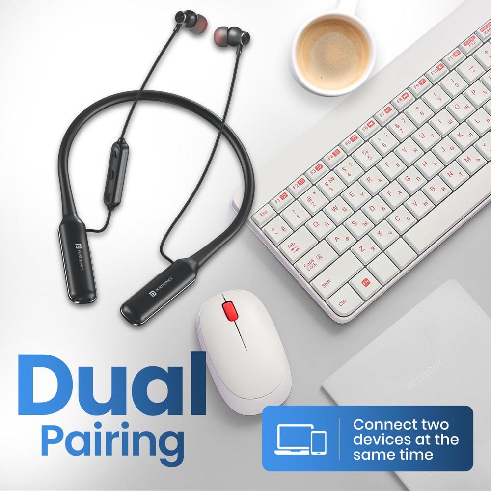 Portronics Harmonics Y4 in Ear Bluetooth Neckband with Upto 100 Hours Playtime & in Line HD Mic, Dual Pairing, Gaming/Music Mode, Low Latency, Bluetoo