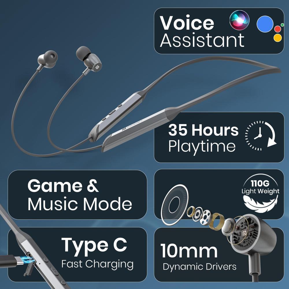 Portronics Harmonics Z12 in Ear Bluetooth Neckband with Metallic Built & Hall Switch(ON/Off),Upto 35 Hours Playtime