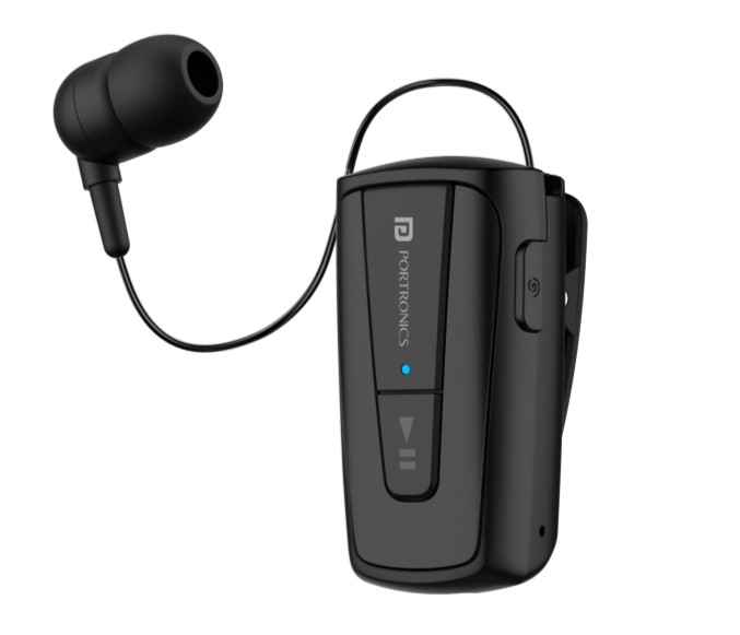 Portronics Harmonics Klip 4 Retractable Bluetooth Music & Calling Earphone Bluetooth Headset (Black, In the Ear)
