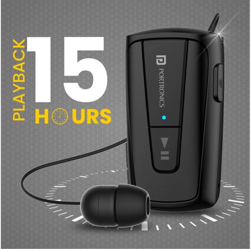 Portronics Harmonics Klip 4 Retractable Bluetooth Music & Calling Earphone Bluetooth Headset (Black, In the Ear)