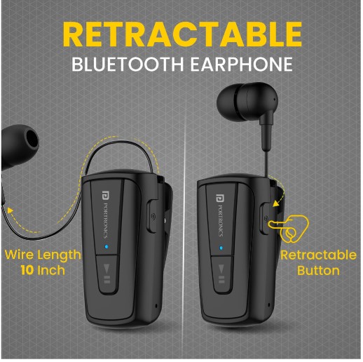 Portronics Harmonics Klip 4 Retractable Bluetooth Music & Calling Earphone Bluetooth Headset (Black, In the Ear)