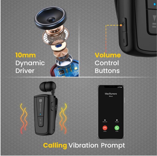 Portronics Harmonics Klip 4 Retractable Bluetooth Music & Calling Earphone Bluetooth Headset (Black, In the Ear)