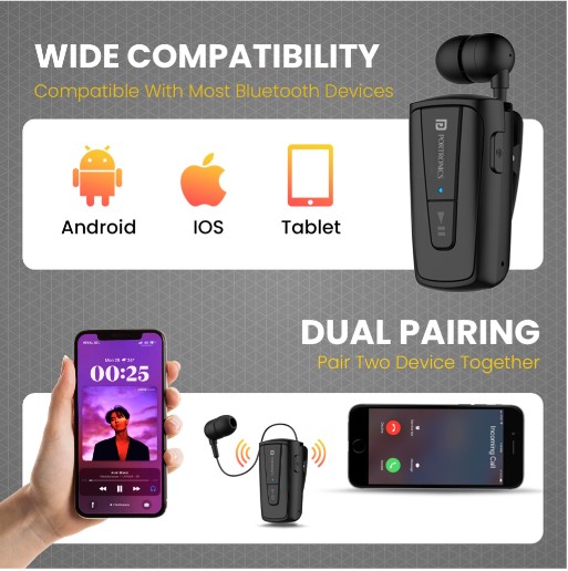 Portronics Harmonics Klip 4 Retractable Bluetooth Music & Calling Earphone Bluetooth Headset (Black, In the Ear)