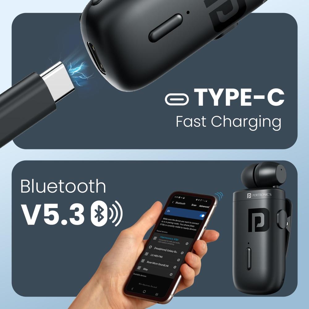 Portronics Harmonics Klip 6 Retractable Bluetooth Calling Earphone with Upto 30 Hour