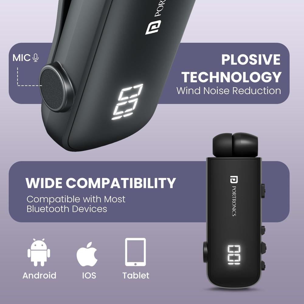 Portronics Harmonics Klip 7 Retractable Bluetooth Calling Earphone, In Built ENC,Upto 30 Hour 