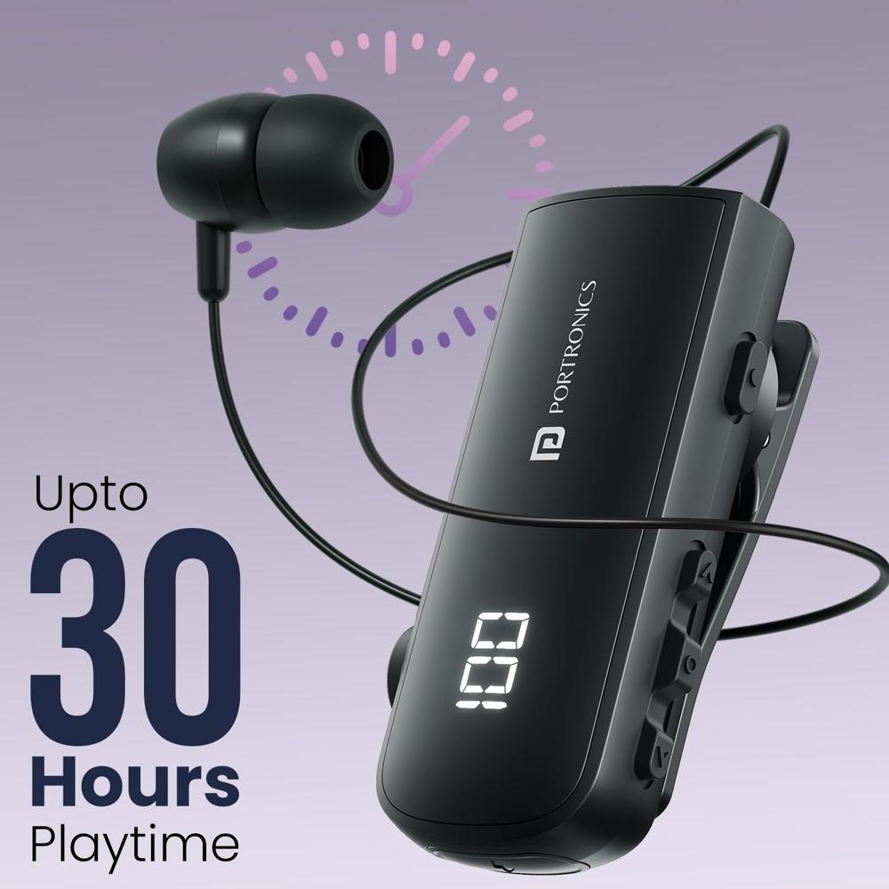 Portronics Harmonics Klip 7 Retractable Bluetooth Calling Earphone, In Built ENC,Upto 30 Hour 