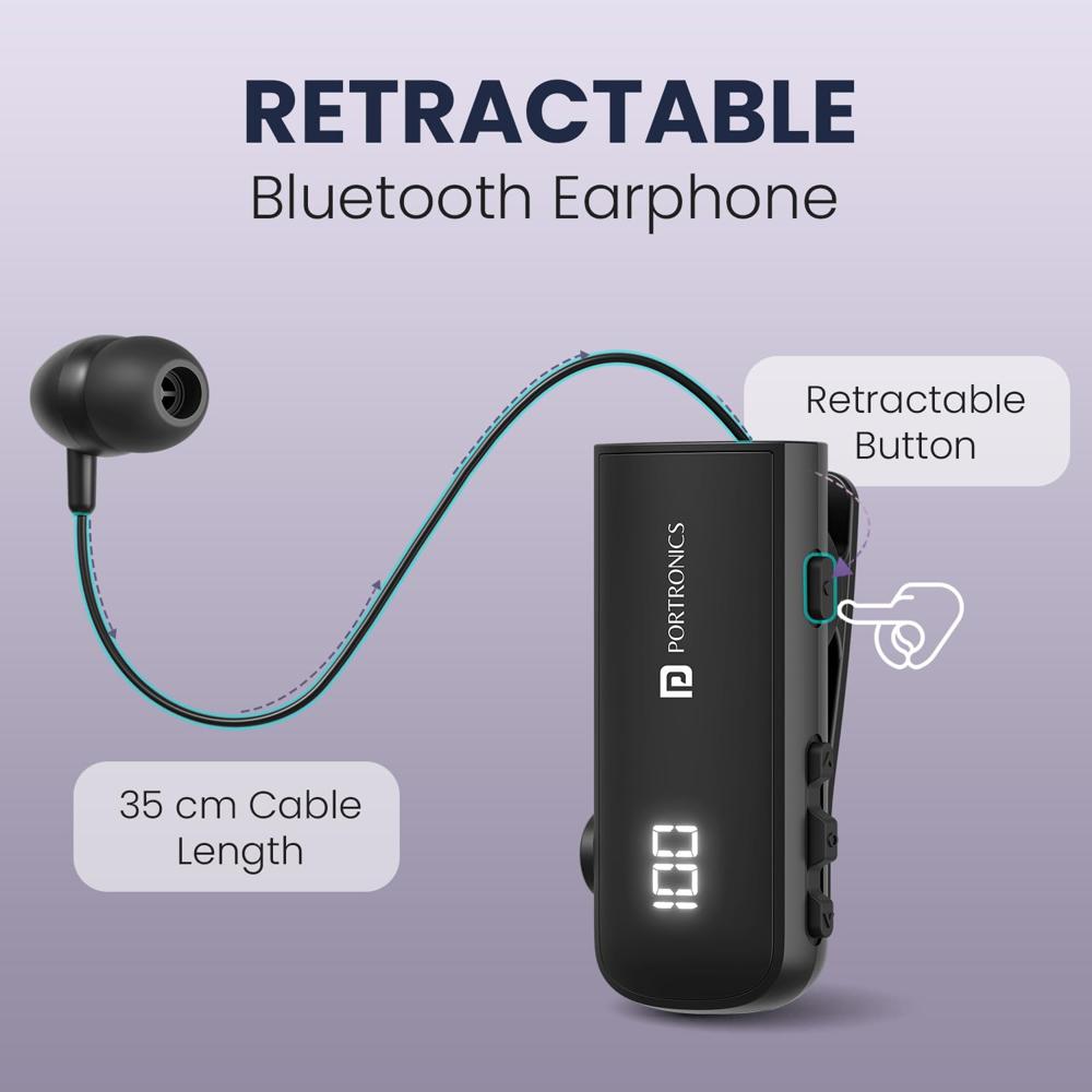 Portronics Harmonics Klip 7 Retractable Bluetooth Calling Earphone, In Built ENC,Upto 30 Hour 