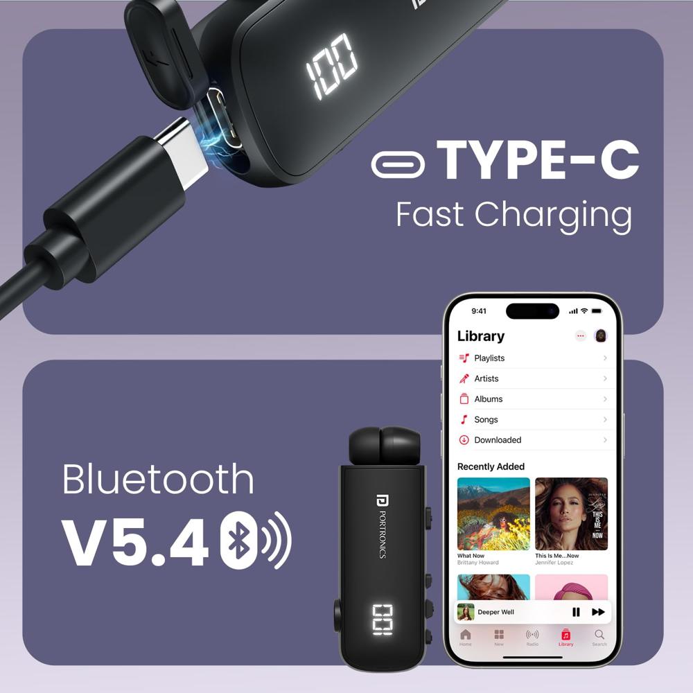 Portronics Harmonics Klip 7 Retractable Bluetooth Calling Earphone, In Built ENC,Upto 30 Hour 