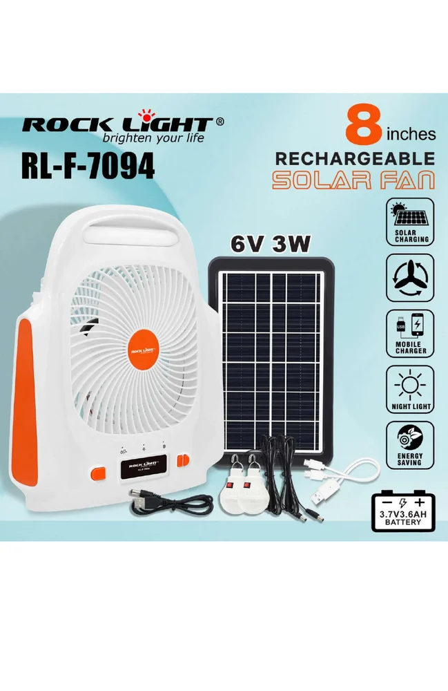 Rock Light Rl-f-7094 Rechargeable Solar Fan - Blade Material: Plastic