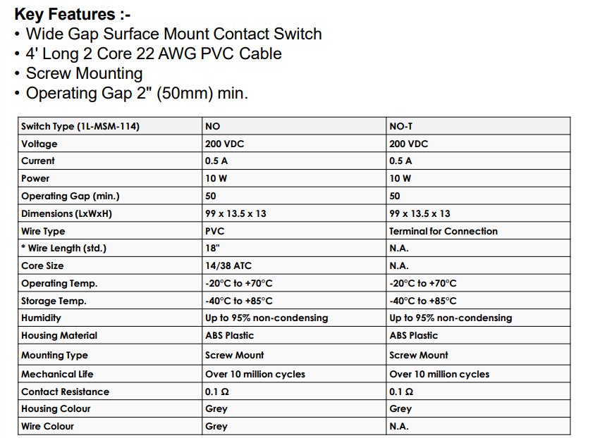 Wide Gap Surface Mount Contact Switch