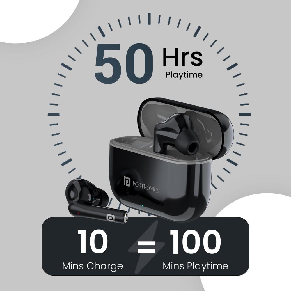 Portronics Harmonics Twins S6 TWS Earbuds with 50Hrs Playtime, Low Latency, Auto ENC, Quad
