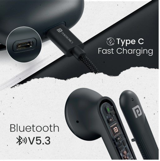 Portronics Harmonics Twins S18 in Ear TWS Earbud,30H Playtime,HD Mic, Game/Music Mode Bluetooth Headset (Black, In the Ear)