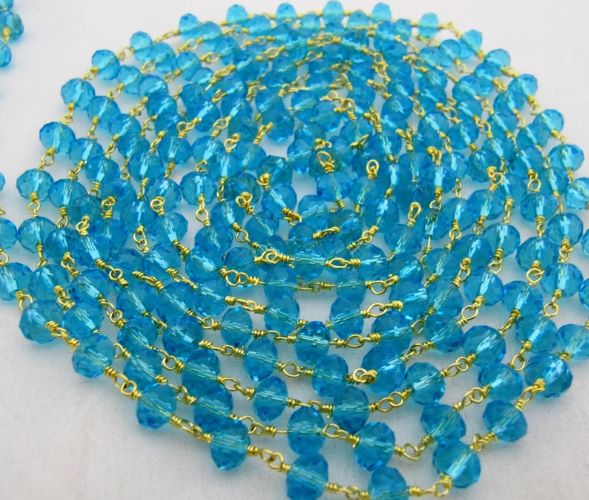 3 Ft-Blue Topaz Hydro Quartz Rosary Chain Rondelle Faceted Beaded 6mm