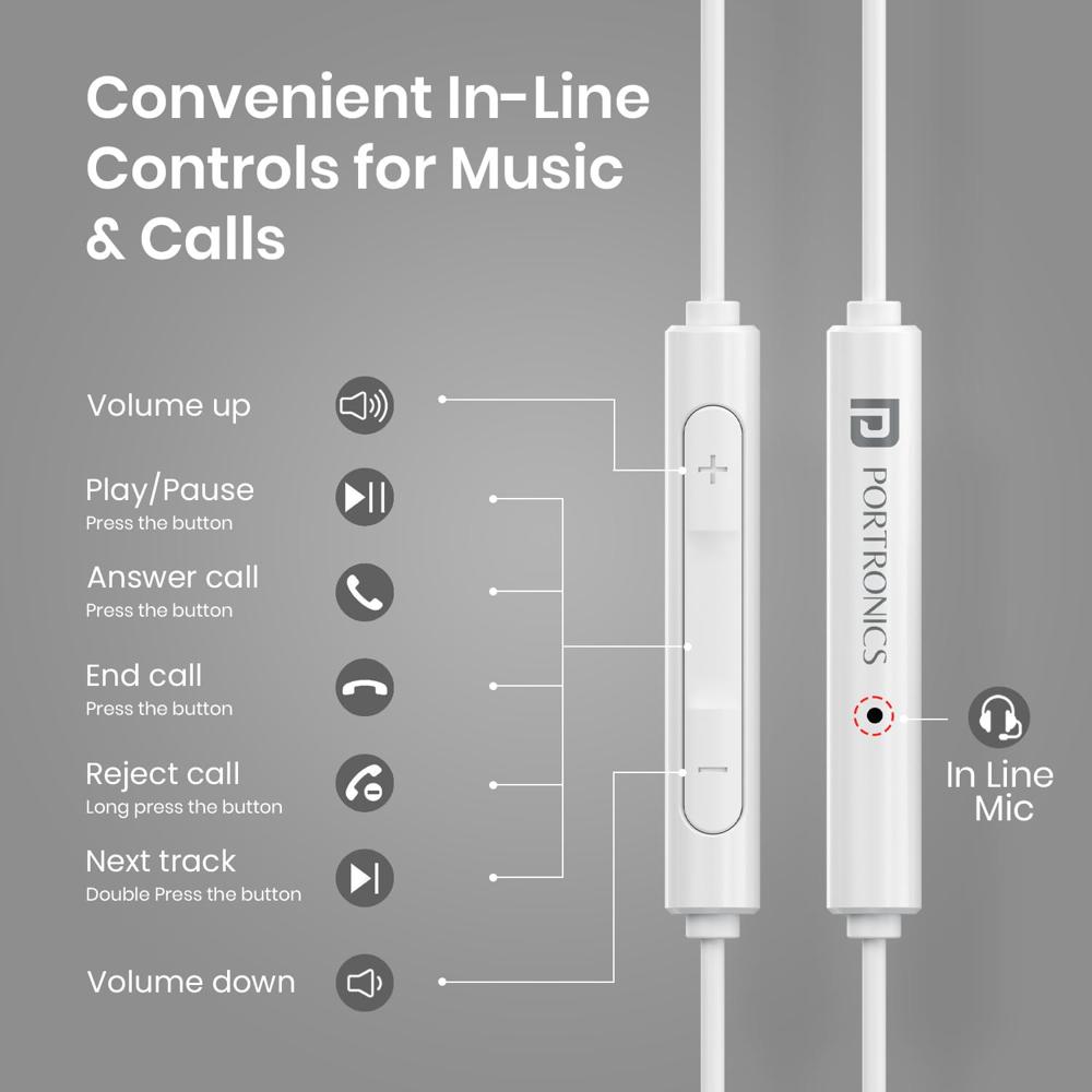 Portronics Conch Theta L 8 Pin Wired Earphone with in Line HD Mic, Powerful Audio, 14.2mm