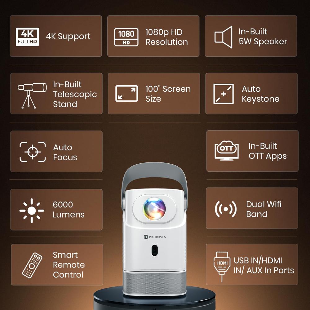 Portronics Beem 550 Smart Android Projector, HD 1080P, Height & Angle Adjustable Design