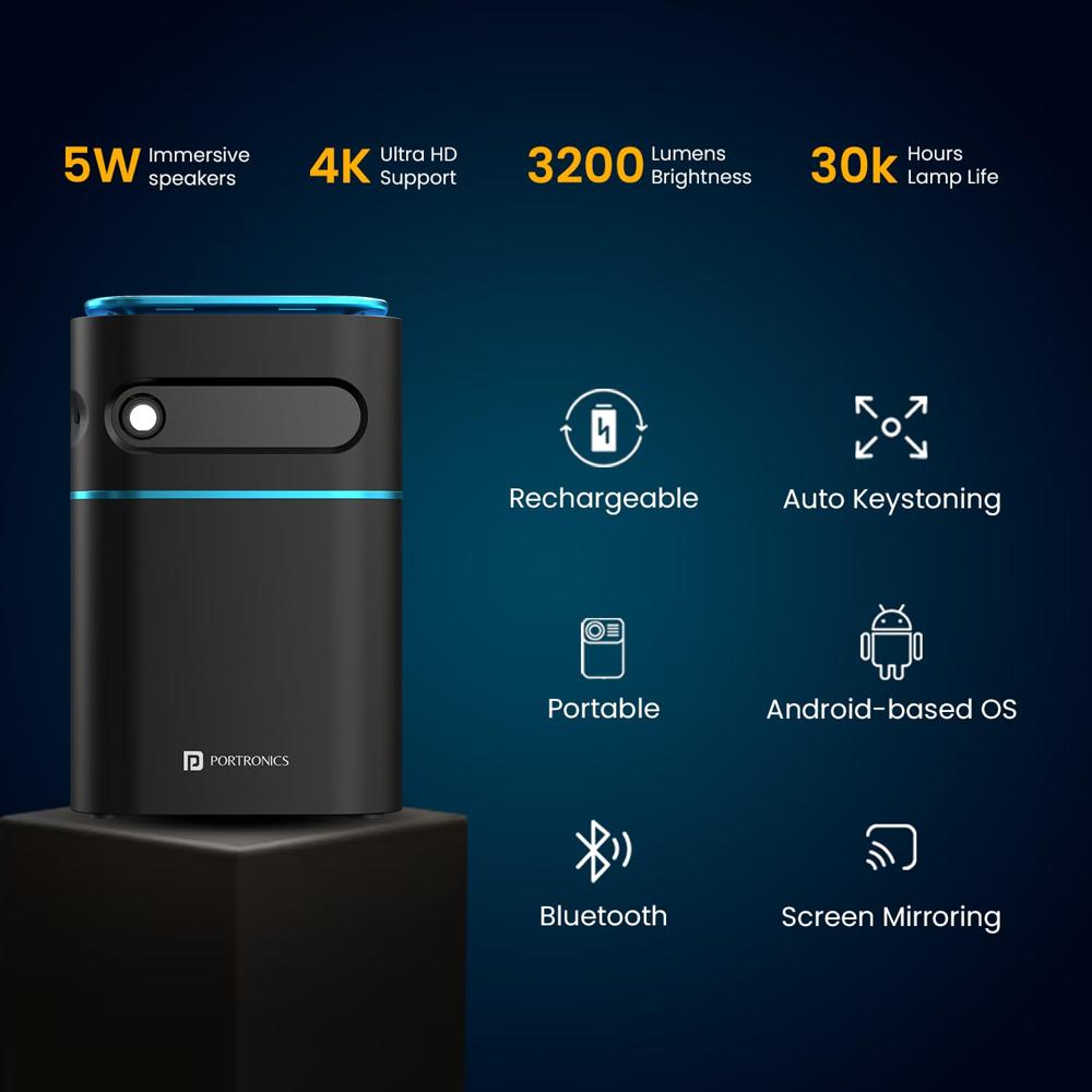 Portronics Pico 12 Portable Smart Projector with Android 11, 4K Ultra HD Support, Rechargeable,