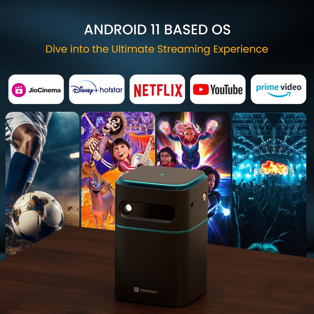Portronics Pico 12 Portable Smart Projector with Android 11, 4K Ultra HD Support, Rechargeable,