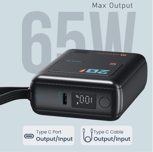 Portronics 20000 mAh 65 W Wireless Compact Pocket Size Power Bank (Black, Lithium Polymer, Fast Charging for Mobile)