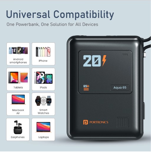 Portronics 20000 mAh 65 W Wireless Compact Pocket Size Power Bank (Black, Lithium Polymer, Fast Charging for Mobile)