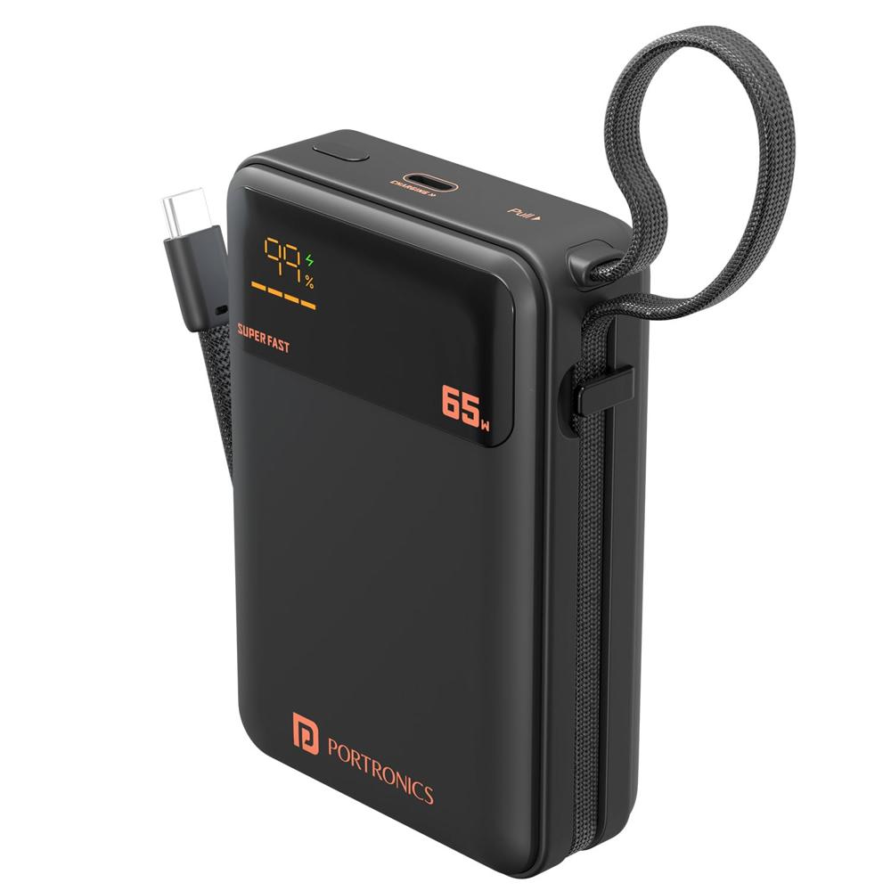 Portronics 65W Ignis 65 20000mAh Fast Charging Powerbank with in-Built Type C Cable for Android Smartphones,