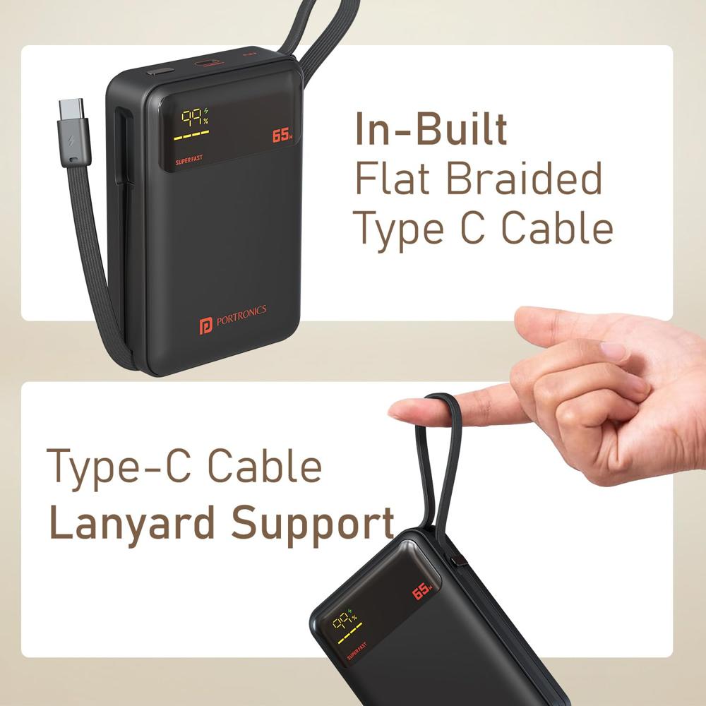 Portronics 65W Ignis 65 20000mAh Fast Charging Powerbank with in-Built Type C Cable for Android Smartphones,