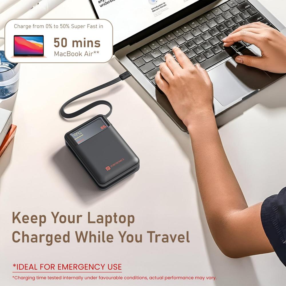 Portronics 65W Ignis 65 20000mAh Fast Charging Powerbank with in-Built Type C Cable for Android Smartphones,