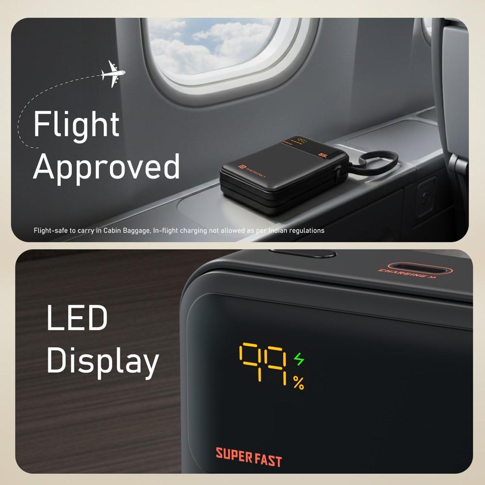 Portronics 65W Ignis 65 20000mAh Fast Charging Powerbank with in-Built Type C Cable for Android Smartphones,