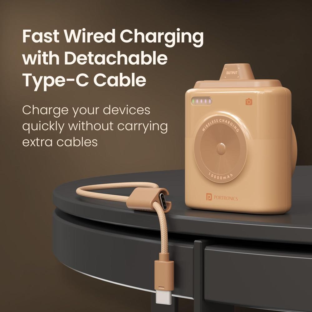 Portronics Moji 10K Smallest Wireless 10000Mah Fast Charging Power Bank with Detachable USB Type-C