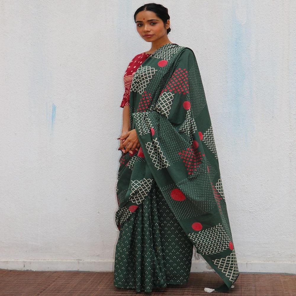 Malmal Cotton Digital Print Green Saree