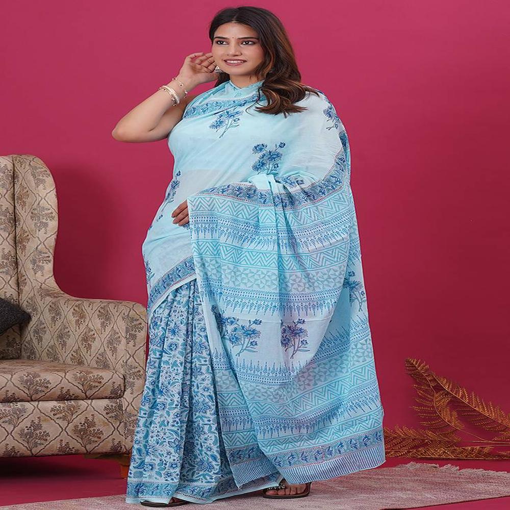 Malmal Cotton Digital Print Light Blue Saree