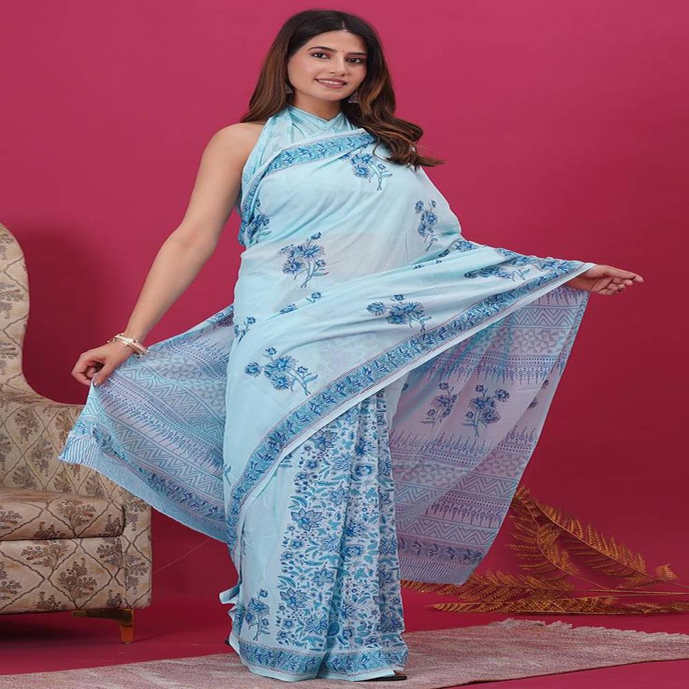 Malmal Cotton Digital Print Light Blue Saree