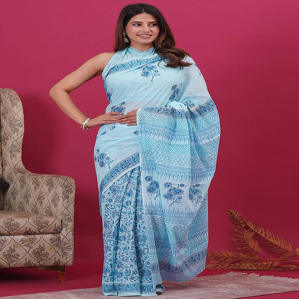 Malmal Cotton Digital Print Light Blue Saree