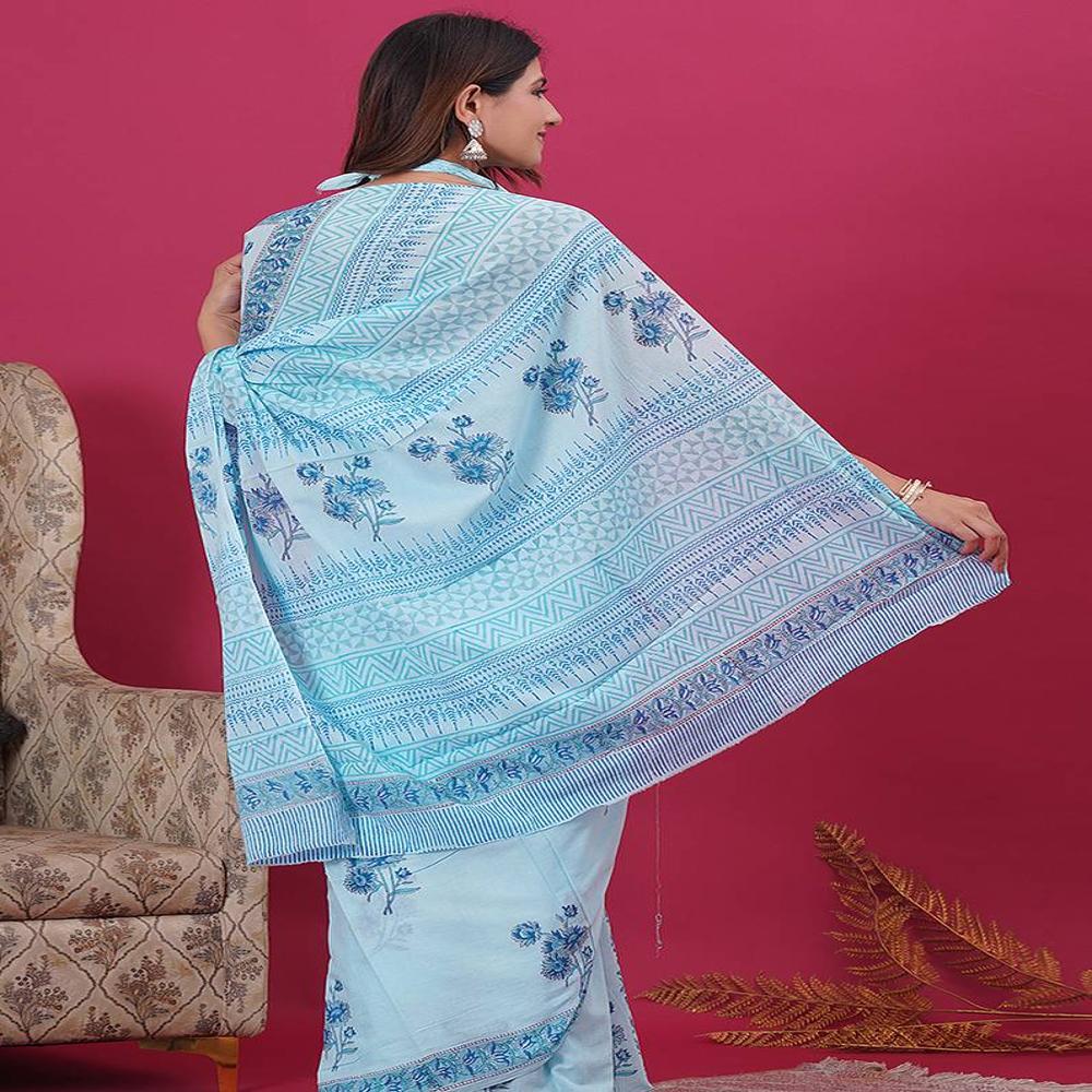 Malmal Cotton Digital Print Light Blue Saree