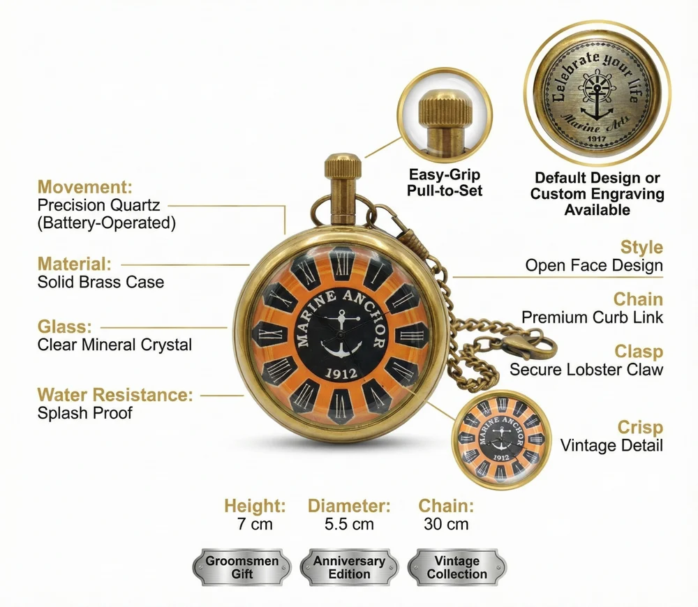 Brass Vintage Maritime 1912 Marine Anchor Antique Pocket Watches