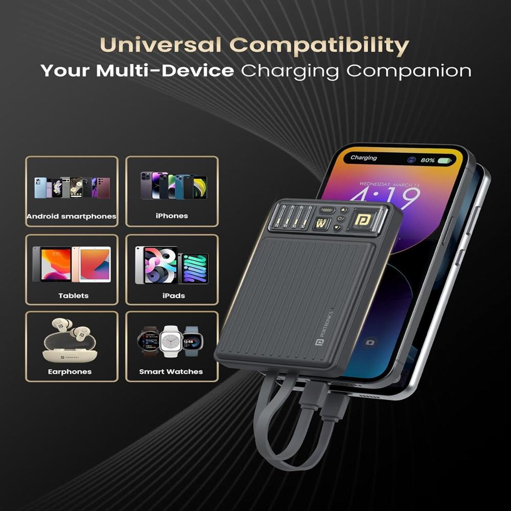 Portronics Luxcell Bind Mini 10k 10000mAh Nano Powerbank with 22.5W Fast Charging, in-Built Type C 