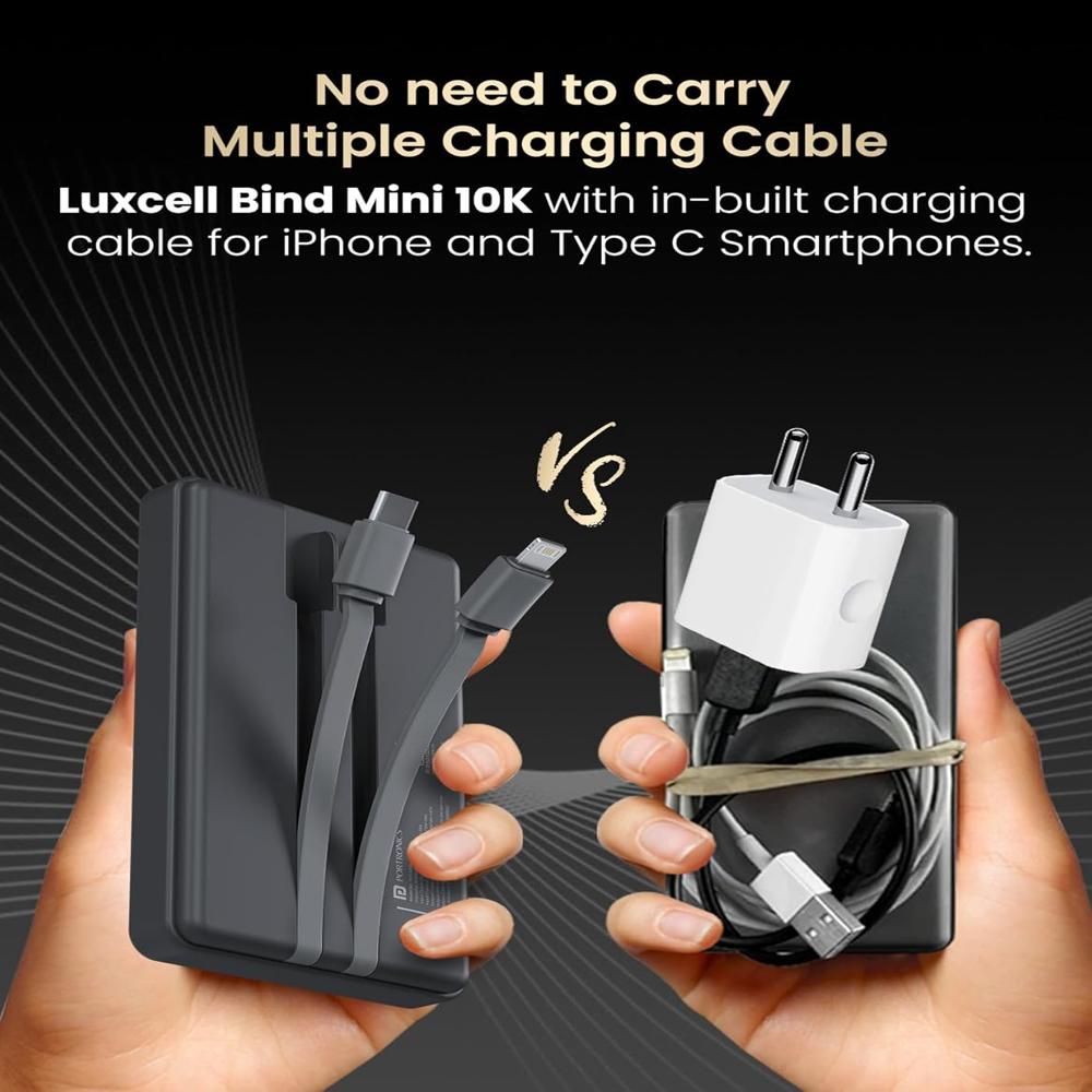 Portronics Luxcell Bind Mini 10k 10000mAh Nano Powerbank with 22.5W Fast Charging, in-Built Type C 