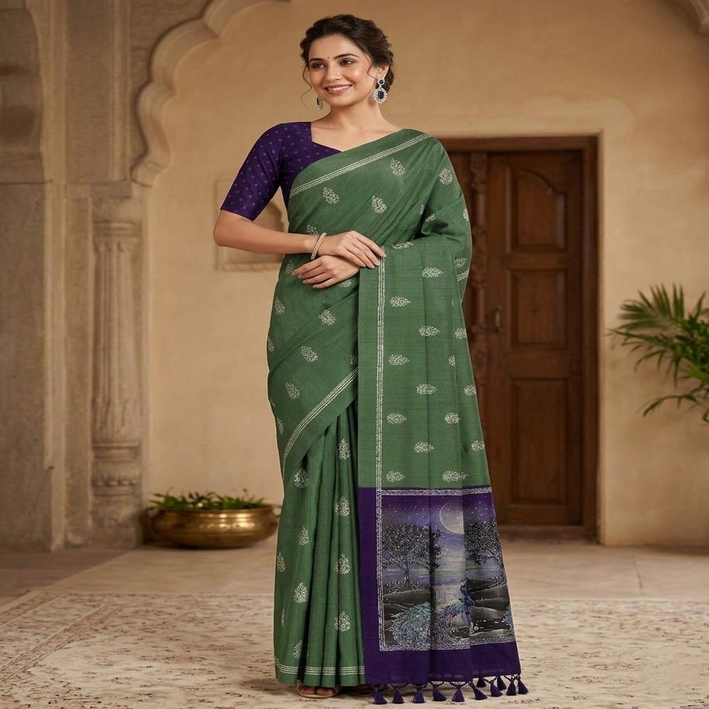 Elegant Catonic Sofi Silk Saree with Scenic Digital Pallu & Contrast Blouse