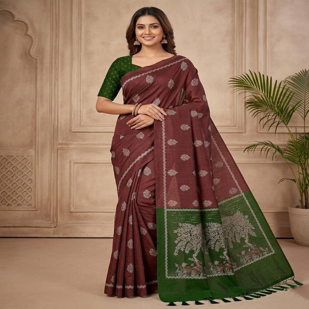 Elegant Catonic Sofi Silk Saree with Scenic Digital Pallu & Contrast Blouse