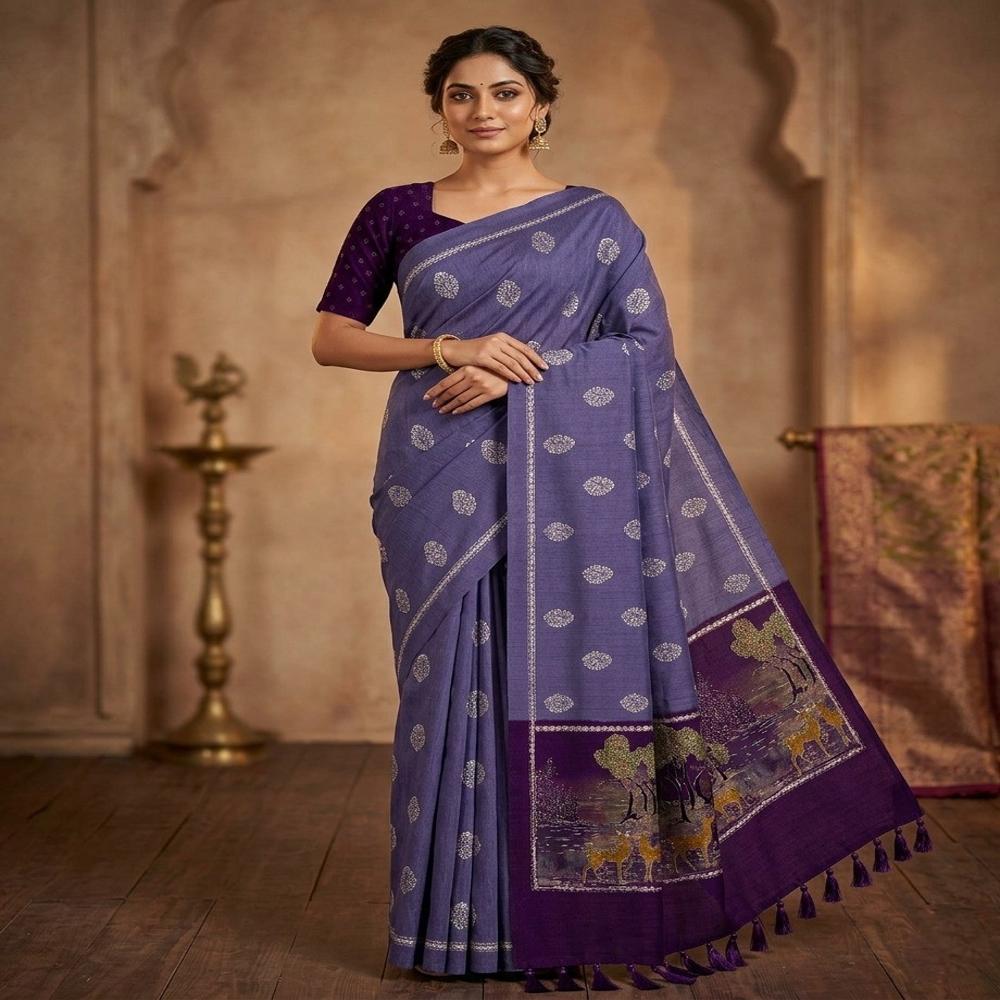 Elegant Catonic Sofi Silk Saree with Scenic Digital Pallu & Contrast Blouse